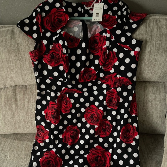 Black and White Polka Dot Dress with Red Roses - Picture 1 of 3